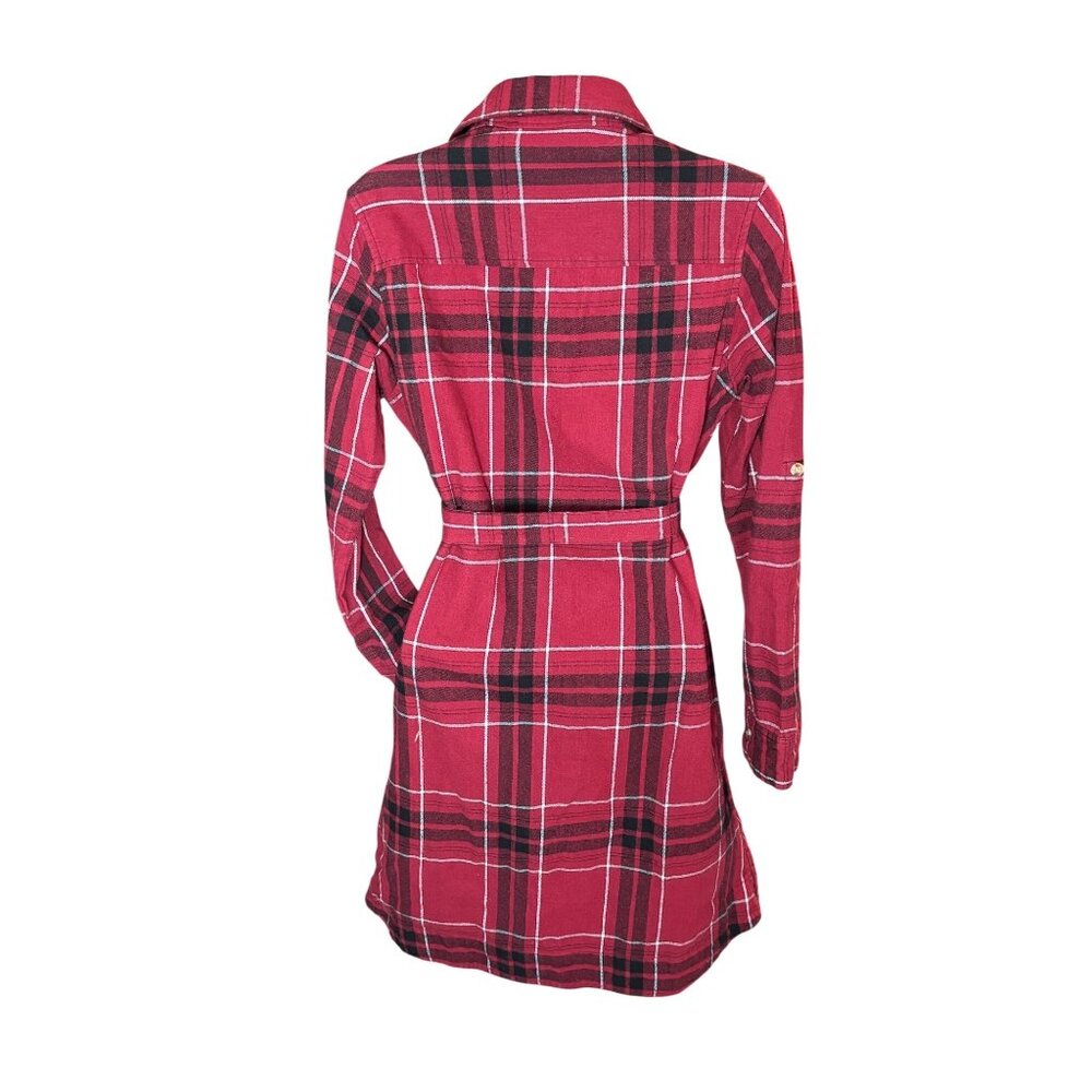 Stillwater Supply Co. Red Plaid Button-Down Belted Shirt Dress M Cotton Blend Wo - Picture 6 of 13